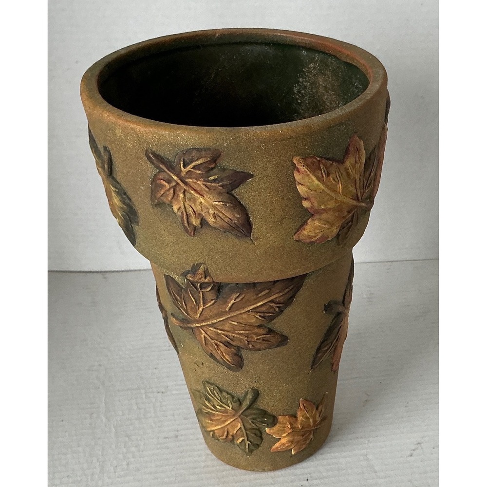 Pacific Rim Autumn Leaf Embossed Ceramic Vase Brown Green 8 Inch Fall Decor